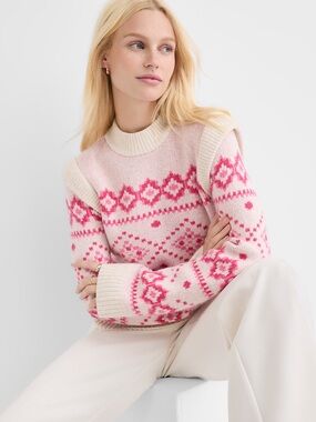 NWT LOFT Women's Pink Fair Isle Crewneck Sweater